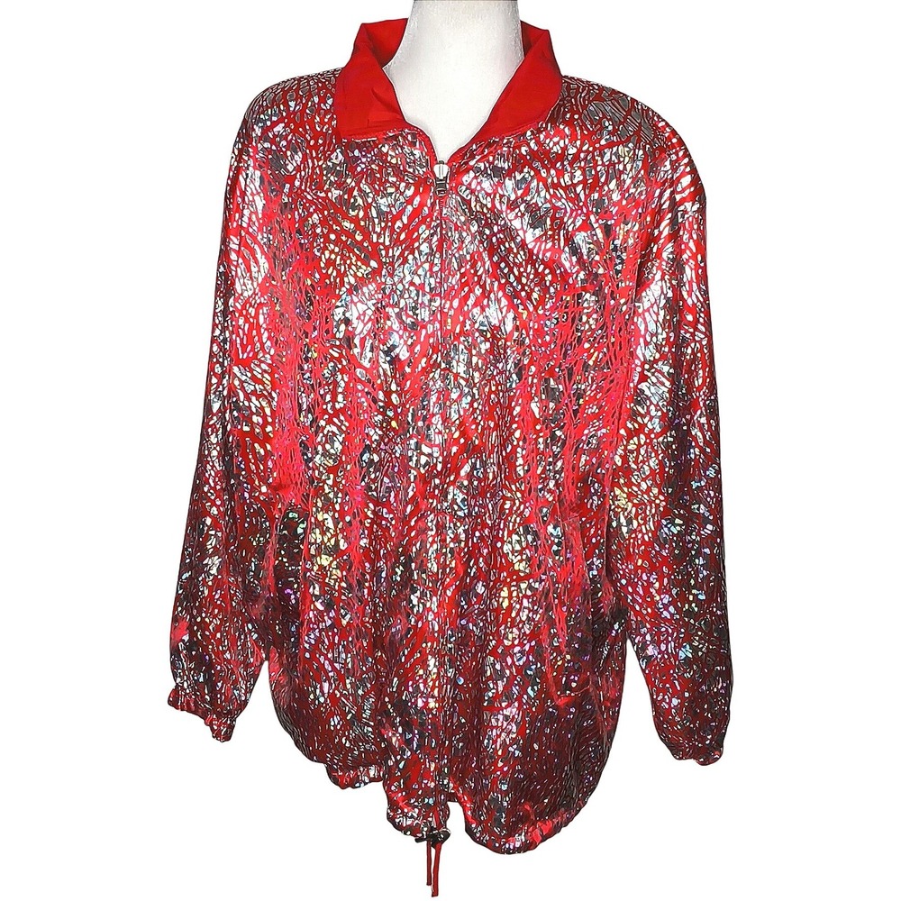 Retro Reversible Windbreaker Jacket‎ Womens One Size Red Holographic Foil